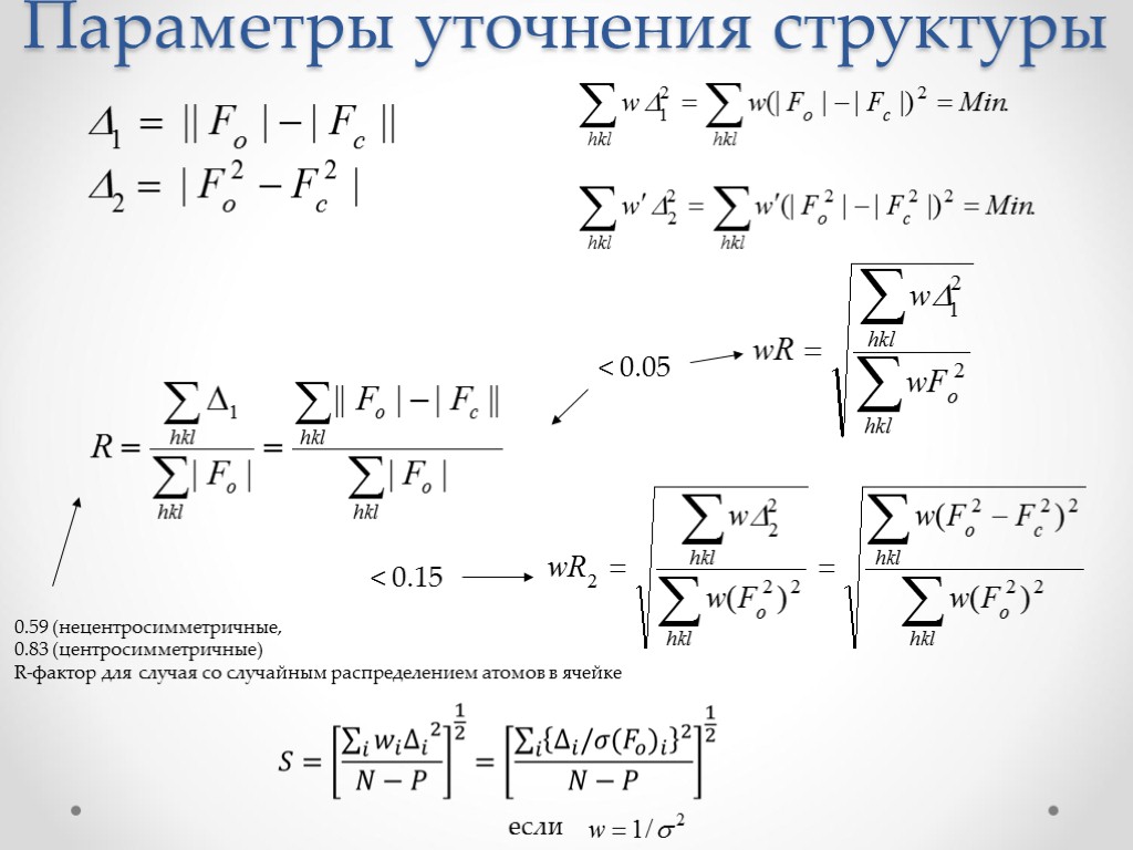 Параметры уточнения структуры < 0.15 < 0.05 0.59 (нецентросимметричные, 0.83 (центросимметричные) R-фактор для случая